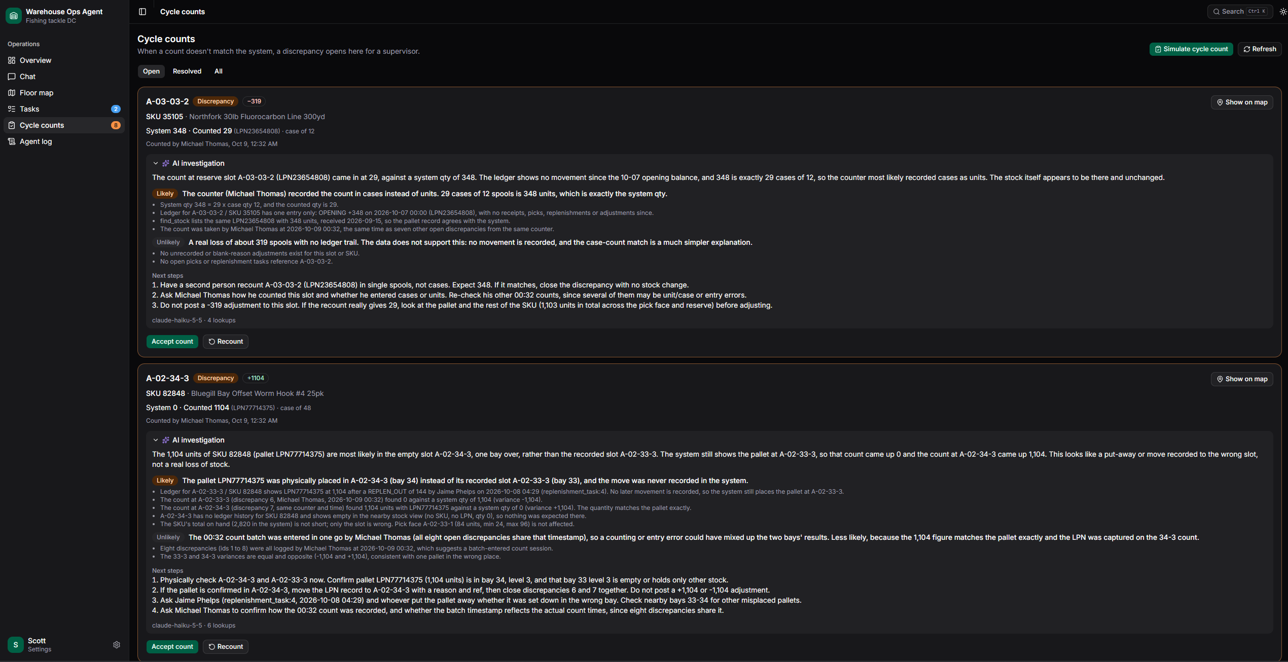 The Cycle counts page: an open discrepancy at A-03-03-2 (system 348, counted 29) with an AI investigation concluding the counter most likely recorded 29 cases of 12 instead of 348 units, ranked Likely and Unlikely causes with evidence from the ledger, next steps, and Accept count and Recount buttons. A second discrepancy below traces 1,104 units to a pallet put away one bay over.